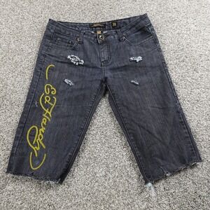 VTG Ed Hardy Shorts Mens 31 Blue Denim Jean Jorts Tattoo Tiger Embroidered Y2K
